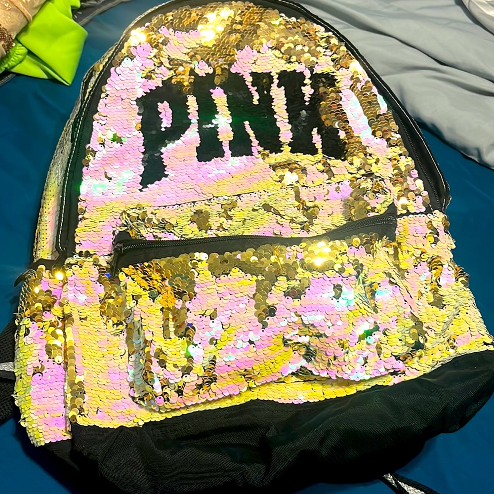 pink, backpack with flipping sequins